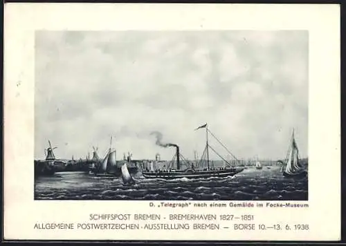 Künstler-AK Bremen, Allg. Postwertzeichen-Ausstellung 1938, Unterweserfahrt 44. Deutschen Philatelisten-Tag, Ganzsache