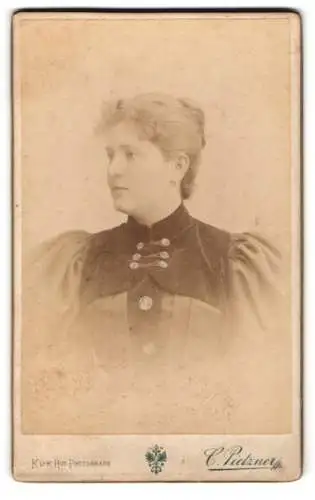 Fotografie Carl Pietzner, Wien, Mariahilferstrasse 1b, Porträt einer Frau in eleganter Kleidung