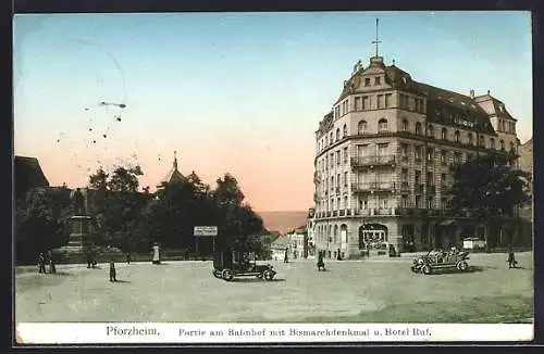 AK Pforzheim, Bahnhof mit Bismarckdenkmal und Hotel Ruf