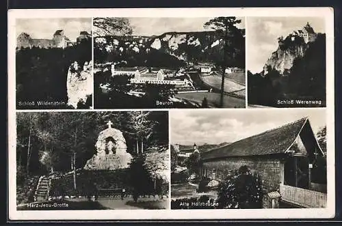 AK Beuron, Schloss Wildenstein, Alte Holzbrücke, Herz-Jesu-Grotte, Schloss Werenwag, Erzabtei
