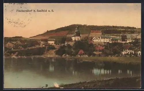 AK Fischersdorf, Blick übers Wasser zum Ort mit Kirche