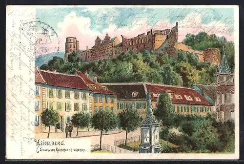 Lithographie Heidelberg, Schloss vom Kornmarkt aus gesehen