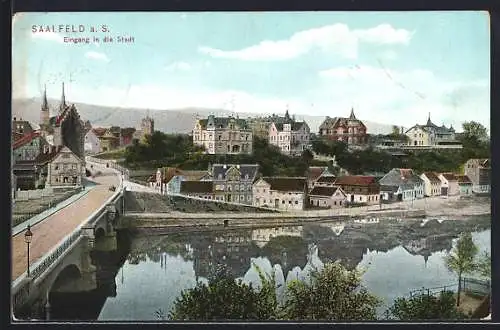 AK Saalfeld a. S., Ortspartie mit Brücke aus der Vogelschau