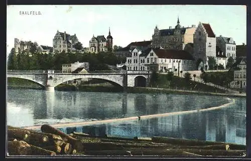AK Saalfeld / Saale, Teilansicht mit Flussbrücke