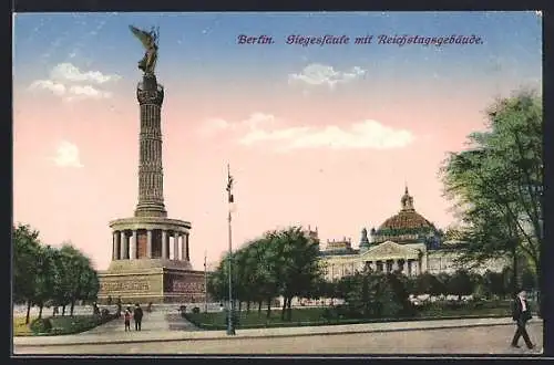 AK Berlin-Tiergarten, Siegessäule mit Reichstagsgebäude