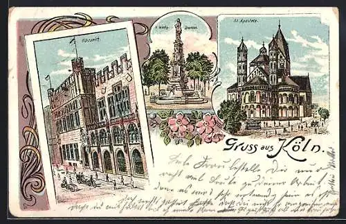 Lithographie Köln, St. Aposteln, Gürzenich, v. Werth Brunnen