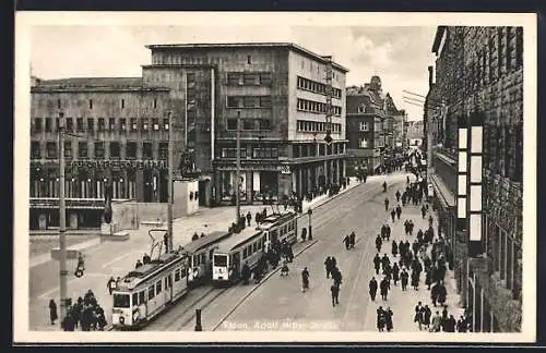 AK Essen, Strasse mit Strassenbahnen aus der Vogelschau