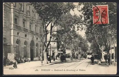 AK Toulon, Boulevard de Strasbourg et Théatre, Strassenbahn
