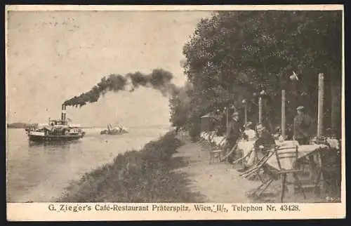 AK Wien, G. Zieglers Cafe-Restaurant Praterspitz, Gartenpartie mit Gästen, Donau und Dampfer