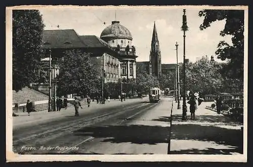 AK Posen / Poznan, Partie an der Paulikirche, Strassenbahn