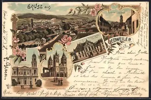 Lithographie Gebweiler, Ortsansicht, Amts-Gericht, Leodegarius Kirche, Liebfrauen Kirche