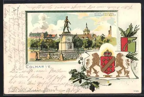 Lithographie Colmar, Rapp-Denkmal mit Passepartoutrahmen Wappen