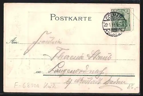 Lithographie Colmar, Rapp-Denkmal mit Passepartoutrahmen Wappen