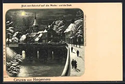 Winter-Lithographie Hagenau, Nächtlicher Blick vom Bahnhof auf Moder und Stadt