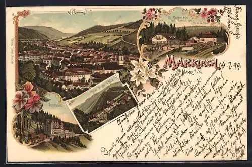 Lithographie Markirch, Sanatorium, Eglise de sur l`Hâte, St. Diedeler Höhe mit Kutsche