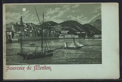 Mondschein-AK Menton, la vieille Ville