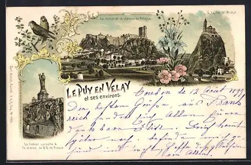 Lithographie Le Puy en Velay, Le rocher corneille, Château de Polignac, Vogelpaar