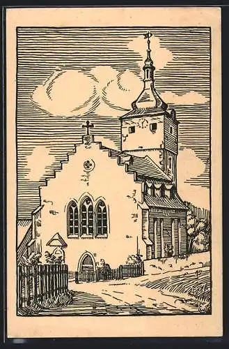 Künstler-AK Gorndorf, Kirche, Zeichnung von W. Engelhardt
