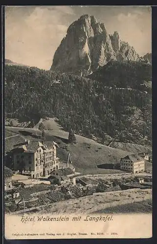 AK Wolkenstein, Hotel Wolkenstein mit Langkofel aus der Vogelschau