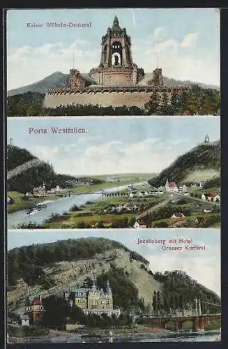 AK Porta Westfalica, Kaiser Wilhelm-Denkmal, Jakobsberg mit Hotel Gr. Kurfürst, Panorama