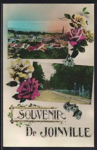 AK Joinville, Vue panoramique du village et avenue bordée d`arbres avec fleurs décoratives