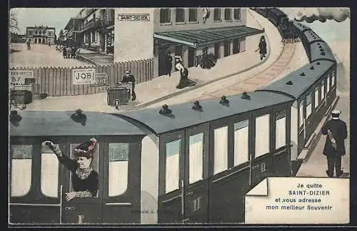 AK Saint-Dizier, Départ d`un train avec passagers et gare animée