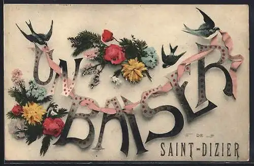 AK Saint-Dizier, Un baiser décoratif avec fleurs et hirondelles