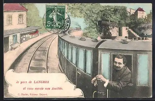 AK Langres, Départ en train avec salutations amicales
