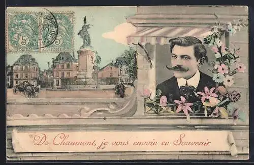 AK Chaumont, Monument et portrait avec fleurs