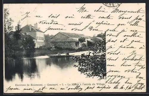 AK Goncourt, La Meuse à l`entrée du village avec une barque sur la rivière