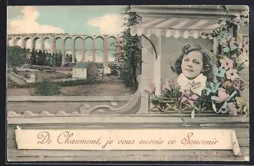 AK Chaumont, Souvenir du viaduc et portrait fleuri d`une jeune fille