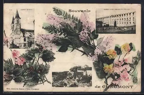 AK Chaumont, Souvenir avec église, viaduc et fleurs