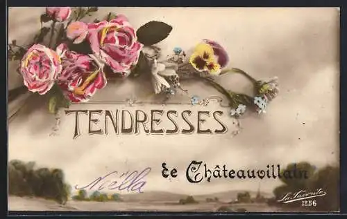 AK Châteauvillain, Tendresses avec bouquet de fleurs colorées