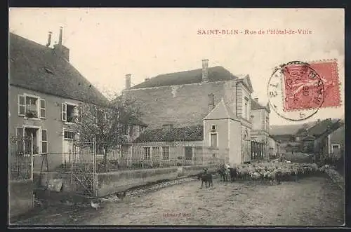 AK Saint-Blin, Rue de l`Hôtel-de-Ville avec troupeau de moutons