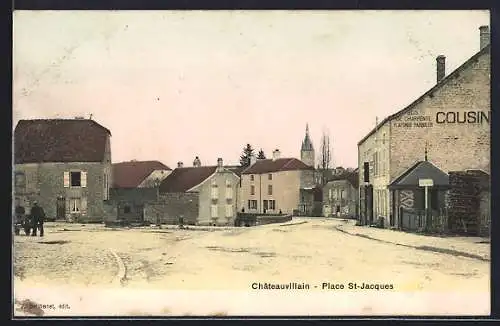 AK Châteauvillain, Place St-Jacques avec bâtiments et commerces