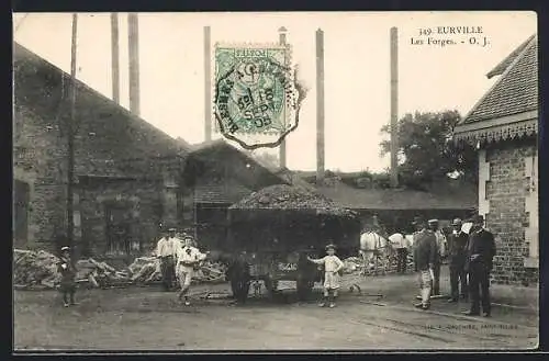 AK Eurville, Les Forges avec ouvriers et enfants devant un wagon chargé