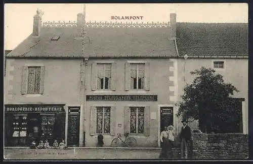 AK Rolampont, Facade de la Poste et Horlogerie-Bijouterie avec passants et bicyclette