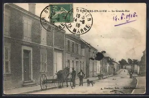 AK Villiers-en-Lieu, La Grande-Rue avec charrette et passants