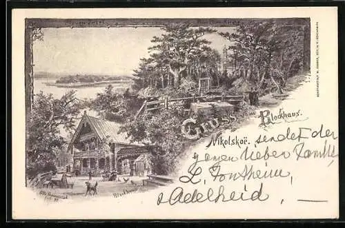 Lithographie Berlin-Zehlendorf, Blockhaus Nikolskoe und Peter Pauls-Kirche