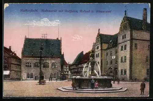 AK Halberstadt, Holzmarkt mit Rathaus, Roland und Steueramt