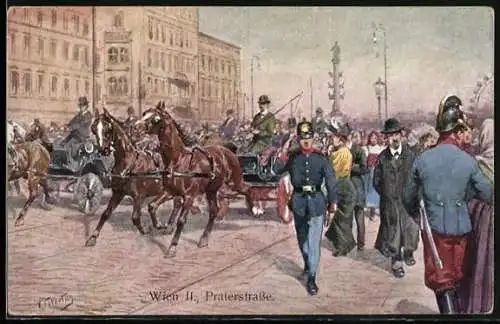 Künstler-AK Karl Feiertag: Wien, Reges Leben in der Praterstrasse