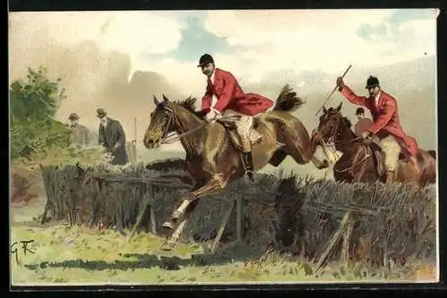Künstler-AK Pferde bei einer Geländeprüfung