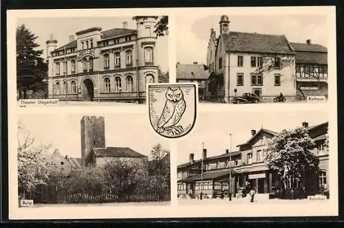 AK Oebisfelde, Theater (Jägerhof), Rathaus, Burg, Bahnhof