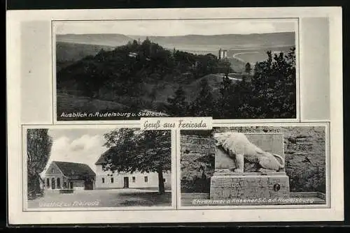 AK Freiroda / Saale, Gasthof, Ehrenmal auf der Rudelsburg, Panorama Saaleck