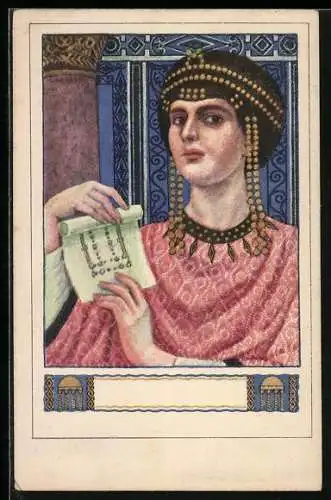 Künstler-AK Brüder Kohn (B.K.W.I) Nr.130-5: Junge Frau mit Pergamentrolle und opulentem Schmuck