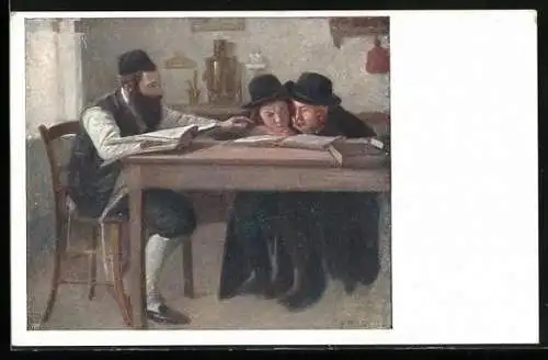 AK Jüdischer Vater und seine Söhne beim Lesen eines Buches
