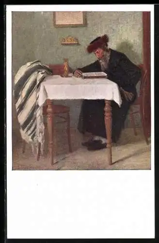 AK Jüdischer Mann in seiner Wohnung ein Buch lesend