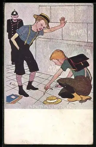Künstler-AK sign. Kober: Knaben beim Anmäuerln /Murmelspiel