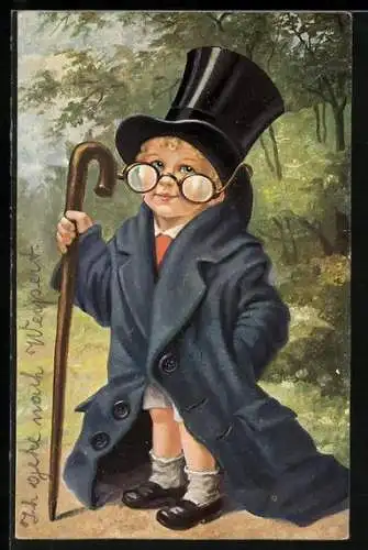 AK Kleiner Junge im Mantel mit Brille und Zylinderhut, Optik