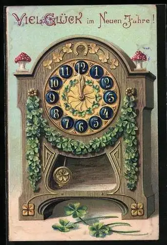 AK Standuhr mit Fliegenpilzen und Kleeblättern, Neujahrsgruss